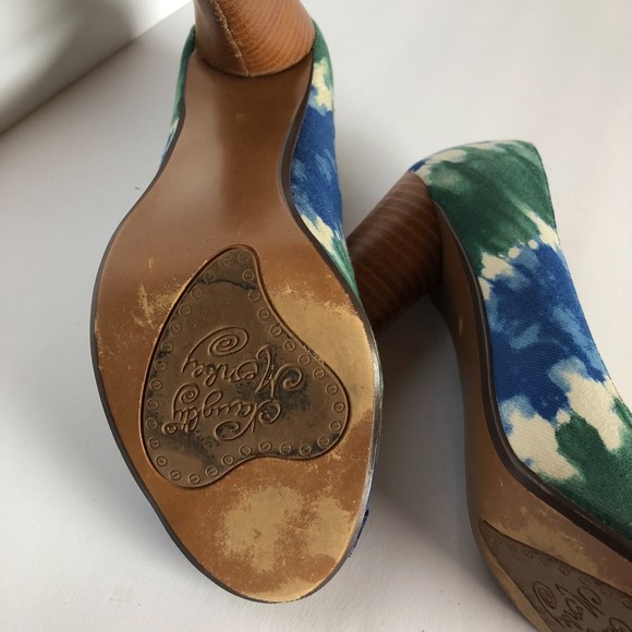 Naughty Monkey Chunky Heels, Blue and Green Watercolor Design, Size 6, Peep Toes - Picture 4 of 7